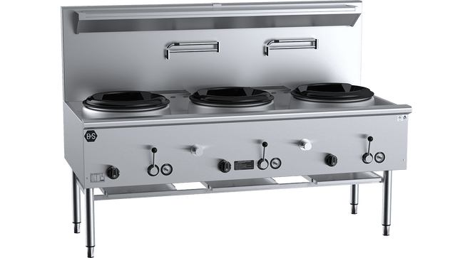 B+S Black Waterless Wok Tables - Three Hole Deluxe Waterless Wok Table