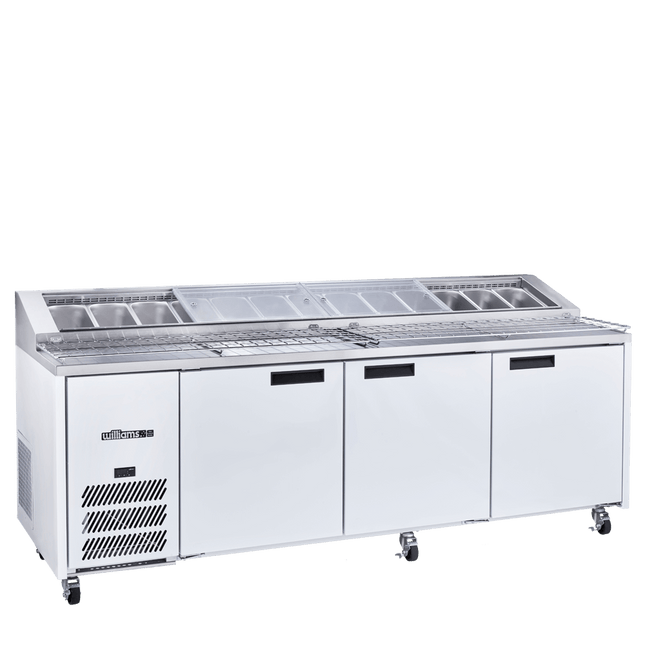 Jade Pizza - Three Door White Colorbond Pizza Prep Counter Refrigerator With Blown Air Well